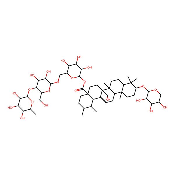 2D Structure of [(2S,3R,4S,5S,6R)-6-[[(2R,3R,4R,5S,6R)-3,4-dihydroxy-6-(hydroxymethyl)-5-[(2S,3R,4R,5R,6S)-3,4,5-trihydroxy-6-methyloxan-2-yl]oxyoxan-2-yl]oxymethyl]-3,4,5-trihydroxyoxan-2-yl] (1S,2R,4aS,6aR,6aR,6bR,8aR,10S,12aR,14bS)-6a-(hydroxymethyl)-1,2,6b,9,9,12a-hexamethyl-10-[(2S,3R,4S,5S)-3,4,5-trihydroxyoxan-2-yl]oxy-2,3,4,5,6,6a,7,8,8a,10,11,12,13,14b-tetradecahydro-1H-picene-4a-carboxylate