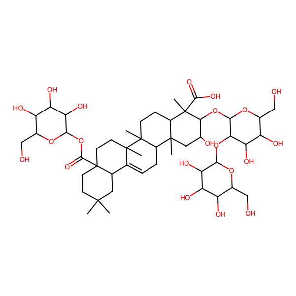 2D Structure of (2S,3R,4S,4aR,6aR,6bS,8aS,12aS,14aR,14bR)-3-[(2R,3R,4S,5S,6R)-4,5-dihydroxy-6-(hydroxymethyl)-3-[(2S,3R,4S,5S,6R)-3,4,5-trihydroxy-6-(hydroxymethyl)oxan-2-yl]oxyoxan-2-yl]oxy-2-hydroxy-4,6a,6b,11,11,14b-hexamethyl-8a-[(2S,3R,4S,5S,6R)-3,4,5-trihydroxy-6-(hydroxymethyl)oxan-2-yl]oxycarbonyl-1,2,3,4a,5,6,7,8,9,10,12,12a,14,14a-tetradecahydropicene-4-carboxylic acid