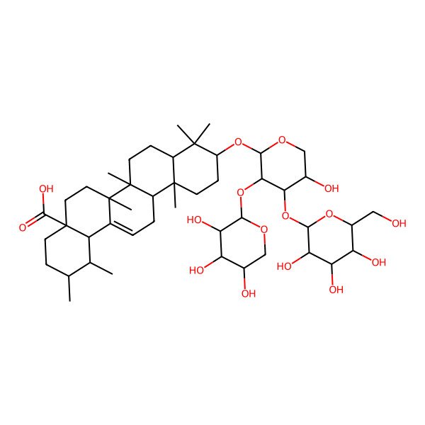 2D Structure of 10-[5-hydroxy-4-[3,4,5-trihydroxy-6-(hydroxymethyl)oxan-2-yl]oxy-3-(3,4,5-trihydroxyoxan-2-yl)oxyoxan-2-yl]oxy-1,2,6a,6b,9,9,12a-heptamethyl-2,3,4,5,6,6a,7,8,8a,10,11,12,13,14b-tetradecahydro-1H-picene-4a-carboxylic acid