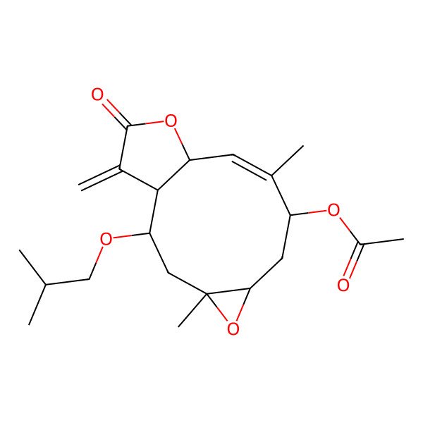 2D Structure of [4,9-Dimethyl-14-methylidene-2-(2-methylpropoxy)-13-oxo-5,12-dioxatricyclo[9.3.0.04,6]tetradec-9-en-8-yl] acetate