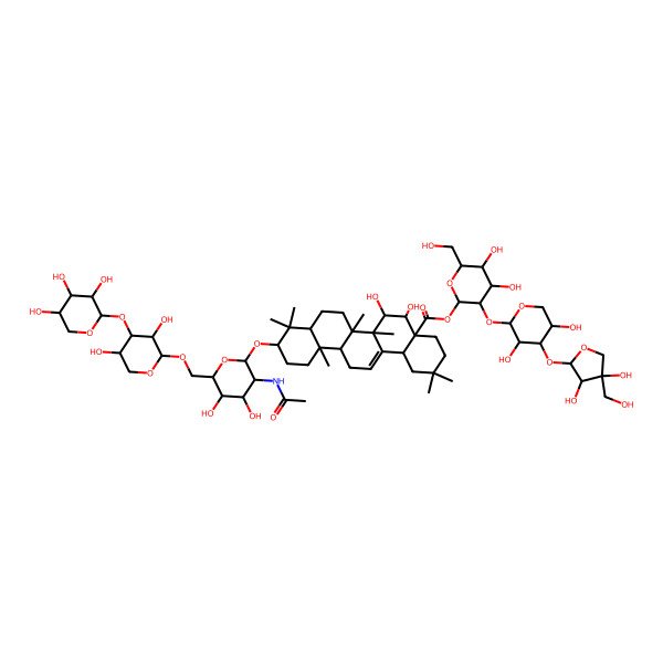2D Structure of [3-[4-[3,4-Dihydroxy-4-(hydroxymethyl)oxolan-2-yl]oxy-3,5-dihydroxyoxan-2-yl]oxy-4,5-dihydroxy-6-(hydroxymethyl)oxan-2-yl] 10-[3-acetamido-6-[[3,5-dihydroxy-4-(3,4,5-trihydroxyoxan-2-yl)oxyoxan-2-yl]oxymethyl]-4,5-dihydroxyoxan-2-yl]oxy-5,6-dihydroxy-2,2,6a,6b,9,9,12a-heptamethyl-1,3,4,5,6,6a,7,8,8a,10,11,12,13,14b-tetradecahydropicene-4a-carboxylate