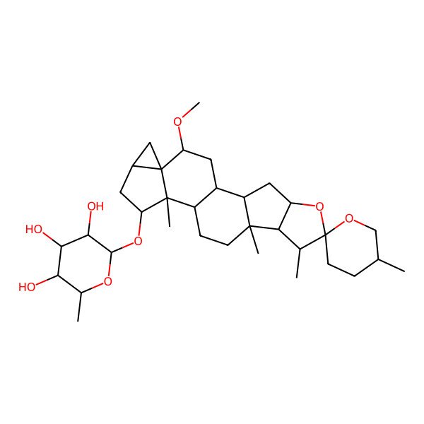 2D Structure of (2R,3R,4S,5R,6R)-2-[(1S,2S,4S,6R,7S,8R,9S,12S,13R,14R,16S,18R,19R)-19-methoxy-5',7,9,13-tetramethylspiro[5-oxahexacyclo[10.8.0.02,9.04,8.013,18.016,18]icosane-6,2'-oxane]-14-yl]oxy-6-methyloxane-3,4,5-triol