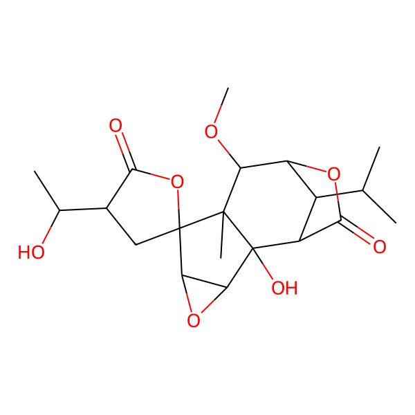 2D Structure of 2-Hydroxy-3'-(1-hydroxyethyl)-8-methoxy-7-methyl-12-propan-2-ylspiro[4,10-dioxatetracyclo[7.2.1.02,7.03,5]dodecane-6,5'-oxolane]-2',11-dione