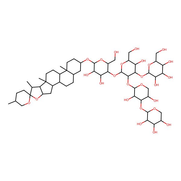 2D Structure of (2S,3R,4S,5S,6R)-2-[(2S,3R,4S,5R,6R)-2-[(2R,3R,4R,5R,6R)-4,5-dihydroxy-2-(hydroxymethyl)-6-[(1R,2S,4S,5'R,6R,7S,8R,9S,12S,13S,16S,18S)-5',7,9,13-tetramethylspiro[5-oxapentacyclo[10.8.0.02,9.04,8.013,18]icosane-6,2'-oxane]-16-yl]oxyoxan-3-yl]oxy-3-[(2S,3R,4S,5R)-3,5-dihydroxy-4-[(2S,3R,4S,5R)-3,4,5-trihydroxyoxan-2-yl]oxyoxan-2-yl]oxy-5-hydroxy-6-(hydroxymethyl)oxan-4-yl]oxy-6-(hydroxymethyl)oxane-3,4,5-triol