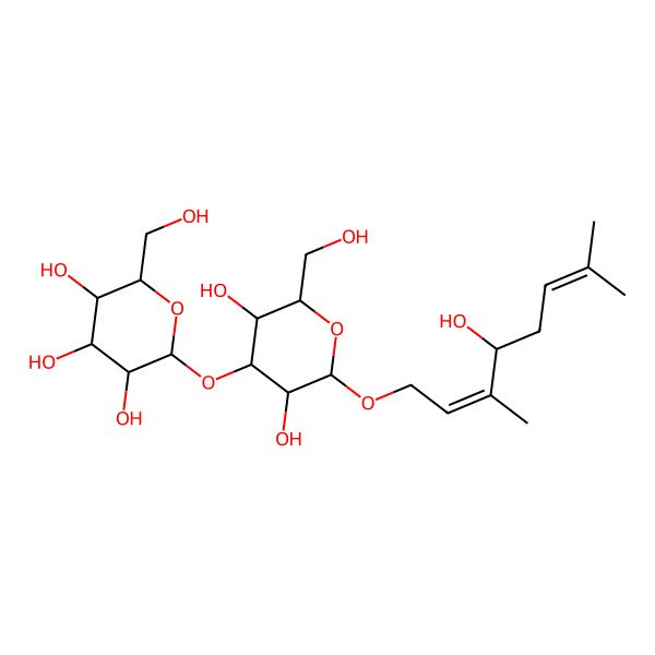 2D Structure of (2S,3R,4S,5S,6R)-2-[(2R,3R,4S,5R,6R)-3,5-dihydroxy-2-[(2E,4S)-4-hydroxy-3,7-dimethylocta-2,6-dienoxy]-6-(hydroxymethyl)oxan-4-yl]oxy-6-(hydroxymethyl)oxane-3,4,5-triol
