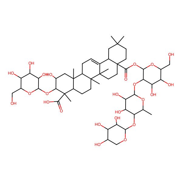 2D Structure of (2S,3R,4S,4aR,6aR,6bS,8aS,12aS,14aR,14bR)-8a-[(2S,3R,4S,5S,6R)-3-[(2S,3R,4S,5R,6S)-3,4-dihydroxy-6-methyl-5-[(2S,3R,4S,5R)-3,4,5-trihydroxyoxan-2-yl]oxyoxan-2-yl]oxy-4,5-dihydroxy-6-(hydroxymethyl)oxan-2-yl]oxycarbonyl-2-hydroxy-4,6a,6b,11,11,14b-hexamethyl-3-[(2R,3R,4S,5S,6R)-3,4,5-trihydroxy-6-(hydroxymethyl)oxan-2-yl]oxy-1,2,3,4a,5,6,7,8,9,10,12,12a,14,14a-tetradecahydropicene-4-carboxylic acid