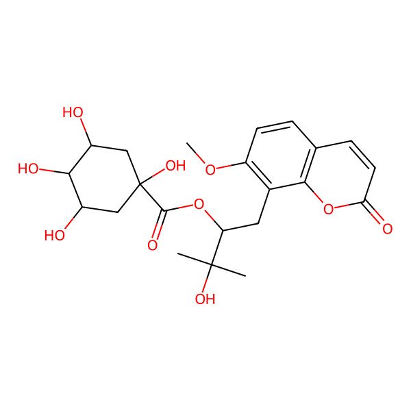 2D Structure of [3-hydroxy-1-(7-methoxy-2-oxochromen-8-yl)-3-methylbutan-2-yl] (3R,5R)-1,3,4,5-tetrahydroxycyclohexane-1-carboxylate