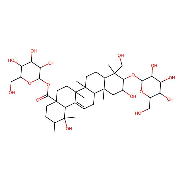 2D Structure of [(2R,3R,4S,5S,6R)-3,4,5-trihydroxy-6-(hydroxymethyl)oxan-2-yl] (1R,2R,4aS,6aR,6aS,6bR,8aR,9R,10R,11R,12aR,14bS)-1,11-dihydroxy-9-(hydroxymethyl)-1,2,6a,6b,9,12a-hexamethyl-10-[(2R,3R,4S,5S,6R)-3,4,5-trihydroxy-6-(hydroxymethyl)oxan-2-yl]oxy-2,3,4,5,6,6a,7,8,8a,10,11,12,13,14b-tetradecahydropicene-4a-carboxylate