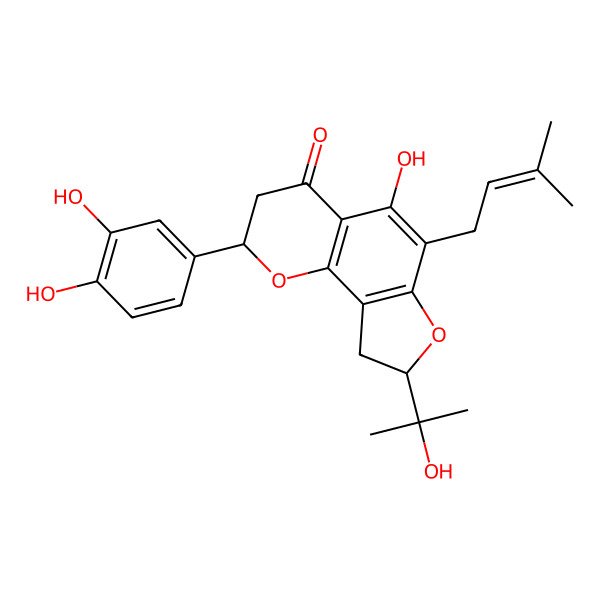 2D Structure of 2-(3,4-Dihydroxyphenyl)-5-hydroxy-8-(1-hydroxy-1-methyl-ethyl)-6-(3-methylbut-2-enyl)-2,3,8,9-tetrahydrofuro[2,3-h]chromen-4-one