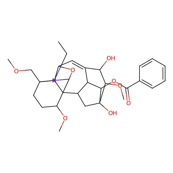 2D Structure of [(1R,2R,3S,4R,5R,6S,7R,10S,12R,15S,18S,19R)-13-ethyl-5,7-dihydroxy-6,18-dimethoxy-15-(methoxymethyl)-11-oxa-13-azahexacyclo[8.8.1.12,5.01,12.03,8.015,19]icos-8-en-4-yl] benzoate