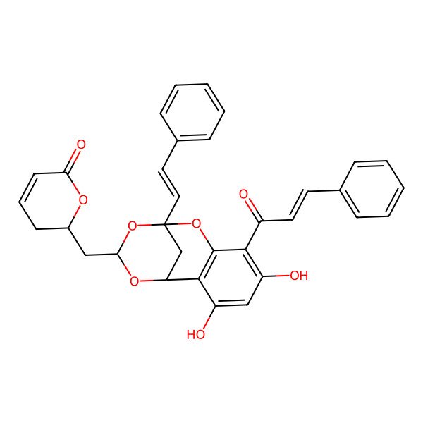 2D Structure of (2R)-2-[[(1S,9S,11S)-3,5-dihydroxy-9-[(E)-2-phenylethenyl]-6-[(E)-3-phenylprop-2-enoyl]-8,10,12-trioxatricyclo[7.3.1.02,7]trideca-2(7),3,5-trien-11-yl]methyl]-2,3-dihydropyran-6-one