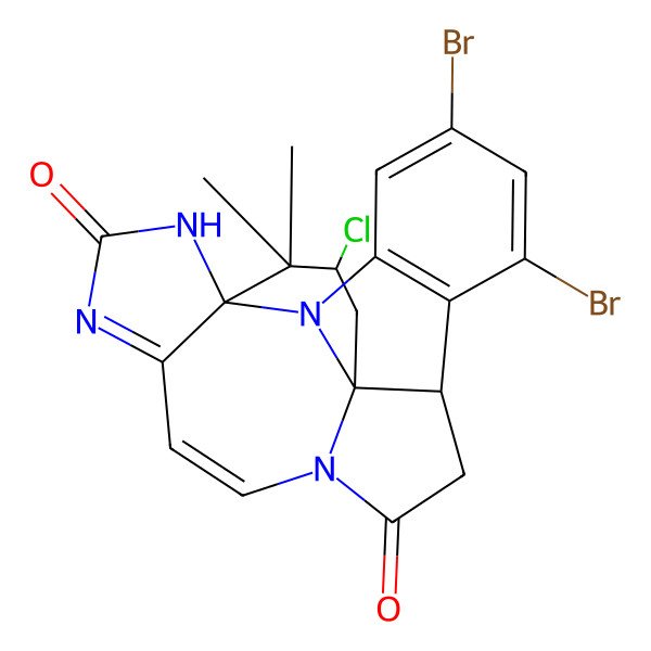 2D Structure of (1R,9R,19R,21S)-5,7-dibromo-21-chloro-20,20-dimethyl-2,12,16,18-tetrazahexacyclo[10.10.0.01,9.02,19.03,8.015,19]docosa-3(8),4,6,13,15-pentaene-11,17-dione