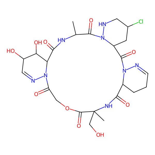 2D Structure of 5-Chloro-14,15-dihydroxy-23-(hydroxymethyl)-10,23-dimethyl-21-oxa-1,7,8,11,17,18,24,30-octazatetracyclo[24.4.0.03,8.013,18]triaconta-16,29-diene-2,9,12,19,22,25-hexone