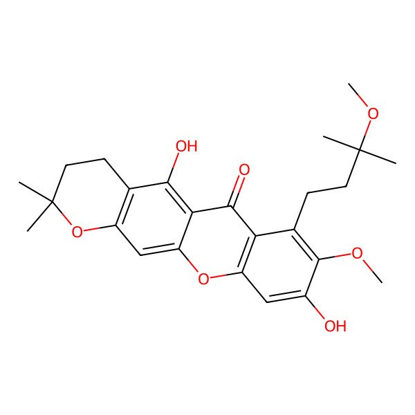 2D Structure of 5,9-Dihydroxy-8-methoxy-7-(3-methoxy-3-methylbutyl)-2,2-dimethyl-3,4-dihydropyrano[3,2-b]xanthen-6-one