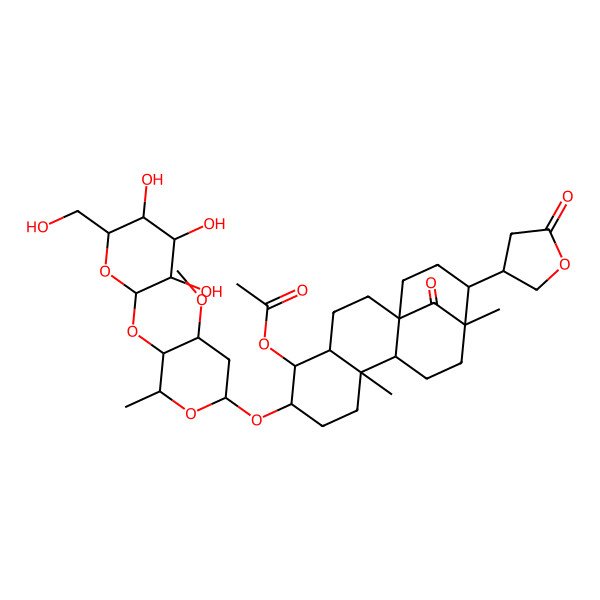 2D Structure of [(1S,4R,5R,6S,9R,10R,13R,14R)-6-[(2S,4R,5S,6S)-4-methoxy-6-methyl-5-[(2S,3R,4S,5S,6R)-3,4,5-trihydroxy-6-(hydroxymethyl)oxan-2-yl]oxyoxan-2-yl]oxy-9,13-dimethyl-17-oxo-14-[(3R)-5-oxooxolan-3-yl]-5-tetracyclo[11.3.1.01,10.04,9]heptadecanyl] acetate