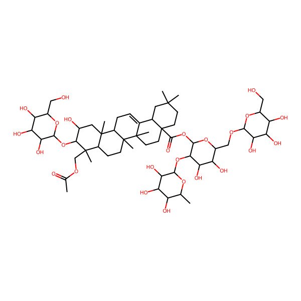 2D Structure of [4,5-Dihydroxy-6-[[3,4,5-trihydroxy-6-(hydroxymethyl)oxan-2-yl]oxymethyl]-3-(3,4,5-trihydroxy-6-methyloxan-2-yl)oxyoxan-2-yl] 9-(acetyloxymethyl)-11-hydroxy-2,2,6a,6b,9,12a-hexamethyl-10-[3,4,5-trihydroxy-6-(hydroxymethyl)oxan-2-yl]oxy-1,3,4,5,6,6a,7,8,8a,10,11,12,13,14b-tetradecahydropicene-4a-carboxylate