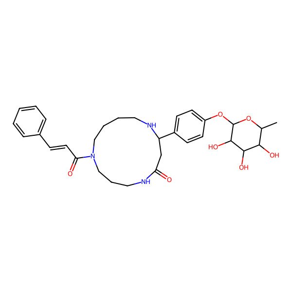 2D Structure of 9-(3-Phenylprop-2-enoyl)-2-[4-(3,4,5-trihydroxy-6-methyloxan-2-yl)oxyphenyl]-1,5,9-triazacyclotridecan-4-one