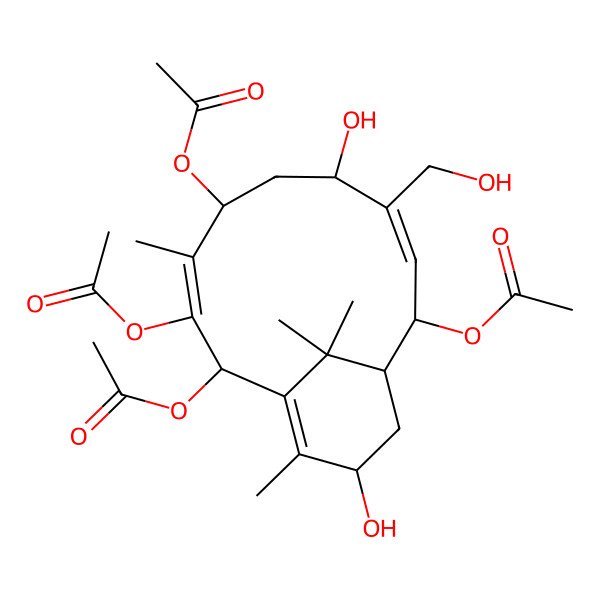 2D Structure of [2,3,10-Triacetyloxy-7,13-dihydroxy-8-(hydroxymethyl)-4,14,15,15-tetramethyl-5-bicyclo[9.3.1]pentadeca-1(14),3,8-trienyl] acetate