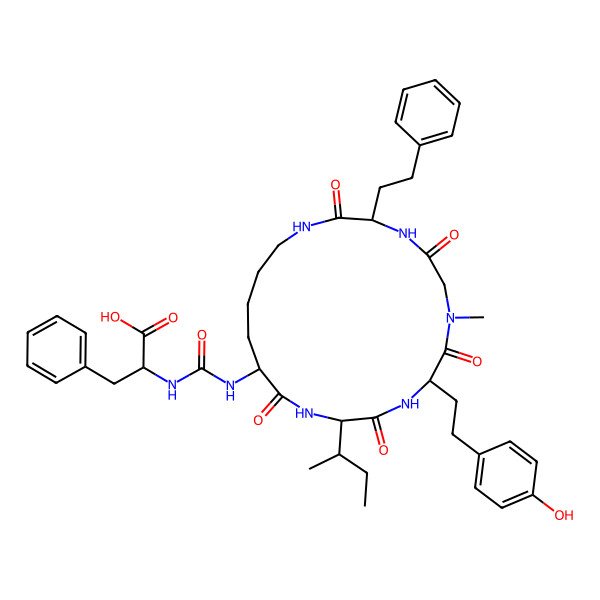 2D Structure of 2-[[12-Butan-2-yl-9-[2-(4-hydroxyphenyl)ethyl]-7-methyl-2,5,8,11,14-pentaoxo-3-(2-phenylethyl)-1,4,7,10,13-pentazacyclononadec-15-yl]carbamoylamino]-3-phenylpropanoic acid