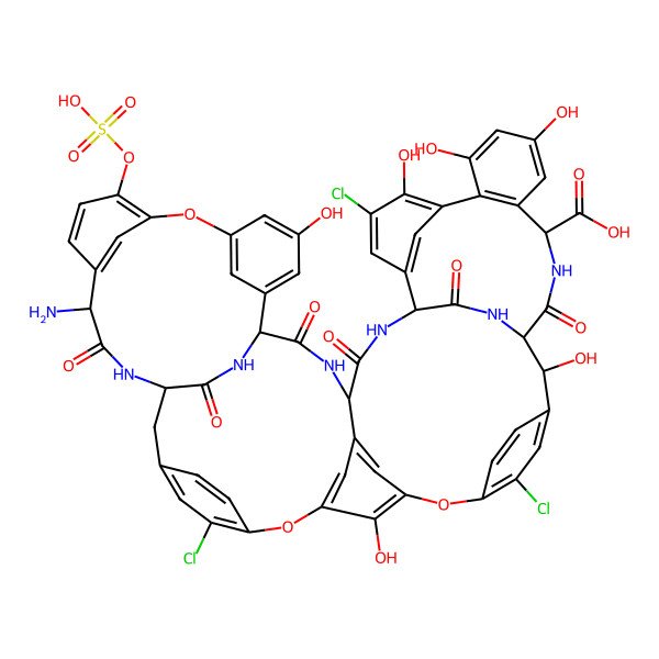 2D Structure of (1R,2R,19R,22R,34S,37R,40R,52S)-22-amino-5,15,43-trichloro-2,31,44,47,49,64-hexahydroxy-21,35,38,54,56,59-hexaoxo-26-sulfooxy-7,13,28-trioxa-20,36,39,53,55,58-hexazaundecacyclo[38.14.2.23,6.214,17.219,34.18,12.123,27.129,33.141,45.010,37.046,51]hexahexaconta-3,5,8,10,12(64),14,16,23(61),24,26,29(60),30,32,41(57),42,44,46(51),47,49,62,65-henicosaene-52-carboxylic acid
