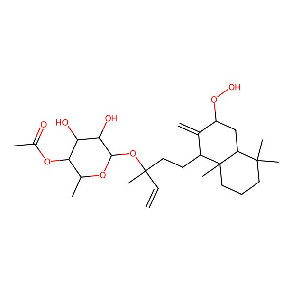 2D Structure of [(2S,3S,4R,5R,6S)-6-[(3R)-5-[(1R,3R,4aS,8aS)-3-hydroperoxy-5,5,8a-trimethyl-2-methylidene-3,4,4a,6,7,8-hexahydro-1H-naphthalen-1-yl]-3-methylpent-1-en-3-yl]oxy-4,5-dihydroxy-2-methyloxan-3-yl] acetate