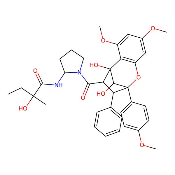 2D Structure of N-[1-[1,12-dihydroxy-3,5-dimethoxy-9-(4-methoxyphenyl)-10-phenyl-8-oxatricyclo[7.2.1.02,7]dodeca-2(7),3,5-triene-11-carbonyl]pyrrolidin-2-yl]-2-hydroxy-2-methylbutanamide