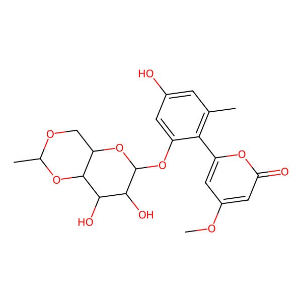 2D Structure of 6-[2-[(7,8-Dihydroxy-2-methyl-4,4a,6,7,8,8a-hexahydropyrano[3,2-d][1,3]dioxin-6-yl)oxy]-4-hydroxy-6-methylphenyl]-4-methoxypyran-2-one