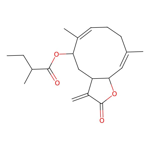 2D Structure of [(3aS,5S,6E,10E,11aR)-6,10-dimethyl-3-methylidene-2-oxo-3a,4,5,8,9,11a-hexahydrocyclodeca[b]furan-5-yl] (2R)-2-methylbutanoate