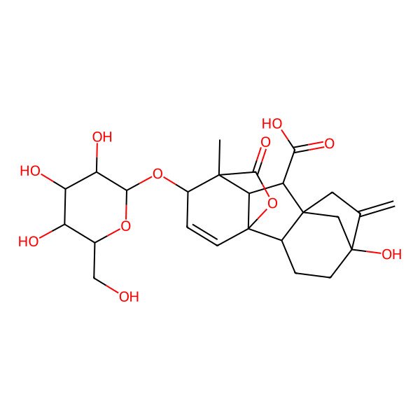 2D Structure of 5-Hydroxy-11-methyl-6-methylidene-16-oxo-12-[3,4,5-trihydroxy-6-(hydroxymethyl)oxan-2-yl]oxy-15-oxapentacyclo[9.3.2.15,8.01,10.02,8]heptadec-13-ene-9-carboxylic acid