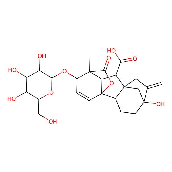 2D Structure of 5-Hydroxy-11-methyl-6-methylidene-16-oxo-12-[3,4,5-trihydroxy-6-(hydroxymethyl)oxan-2-yl]oxy-15-oxapentacyclo[9.3.2.15,8.01,10.02,8]heptadec-13-ene-9-carboxylic acid