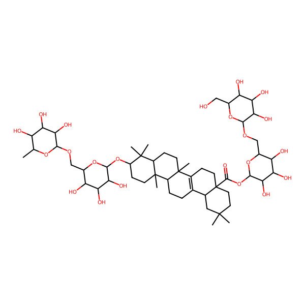 2D Structure of [3,4,5-trihydroxy-6-[[3,4,5-trihydroxy-6-(hydroxymethyl)oxan-2-yl]oxymethyl]oxan-2-yl] 2,2,6b,9,9,12a-hexamethyl-10-[3,4,5-trihydroxy-6-[(3,4,5-trihydroxy-6-methyloxan-2-yl)oxymethyl]oxan-2-yl]oxy-3,4,5,6,6a,7,8,8a,10,11,12,13,14,14b-tetradecahydro-1H-picene-4a-carboxylate