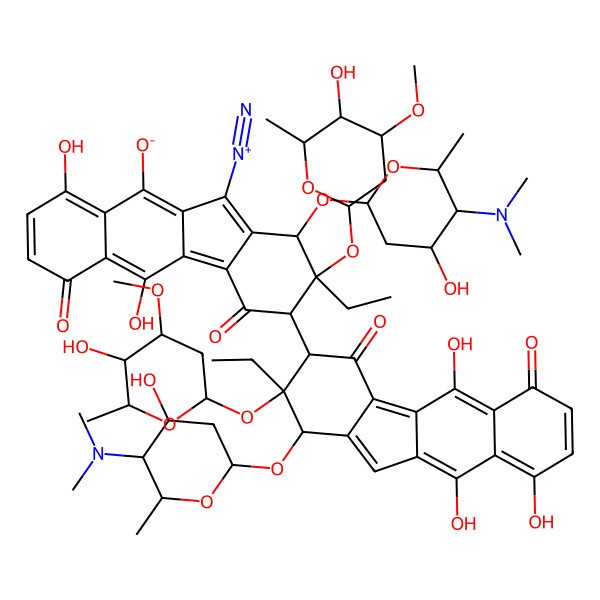 2D Structure of (1R,2S,3R)-11-diazonio-1-[(2R,4S,5R,6S)-5-(dimethylamino)-4-hydroxy-6-methyloxan-2-yl]oxy-3-[(1R,2S,3R)-1-[(2R,4S,5R,6S)-5-(dimethylamino)-4-hydroxy-6-methyloxan-2-yl]oxy-2-ethyl-5,9,10-trihydroxy-2-[(2R,4R,5R,6R)-5-hydroxy-4-methoxy-6-methyloxan-2-yl]oxy-4,6-dioxo-1,3-dihydrobenzo[b]fluoren-3-yl]-2-ethyl-5,9-dihydroxy-2-[(2R,4R,5R,6R)-5-hydroxy-4-methoxy-6-methyloxan-2-yl]oxy-4,6-dioxo-1,3-dihydrobenzo[b]fluoren-10-olate