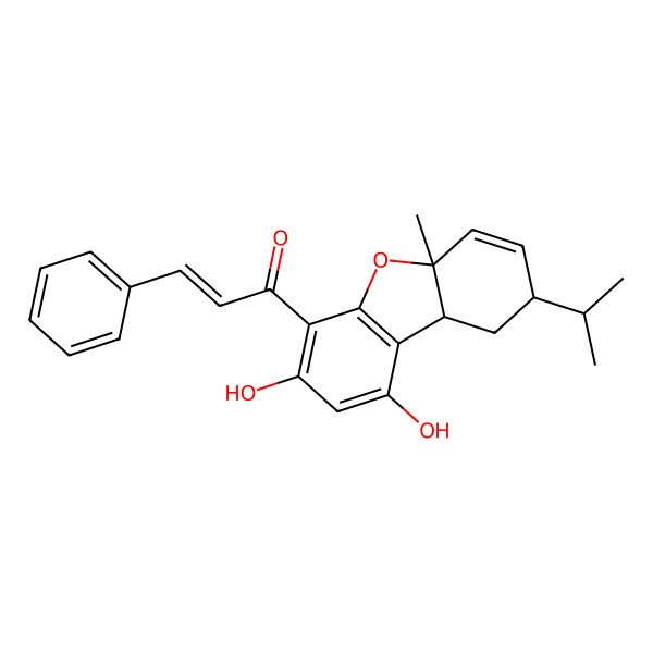 2D Structure of (E)-1-[(5aS,8S,9aS)-1,3-dihydroxy-5a-methyl-8-propan-2-yl-9,9a-dihydro-8H-dibenzofuran-4-yl]-3-phenylprop-2-en-1-one