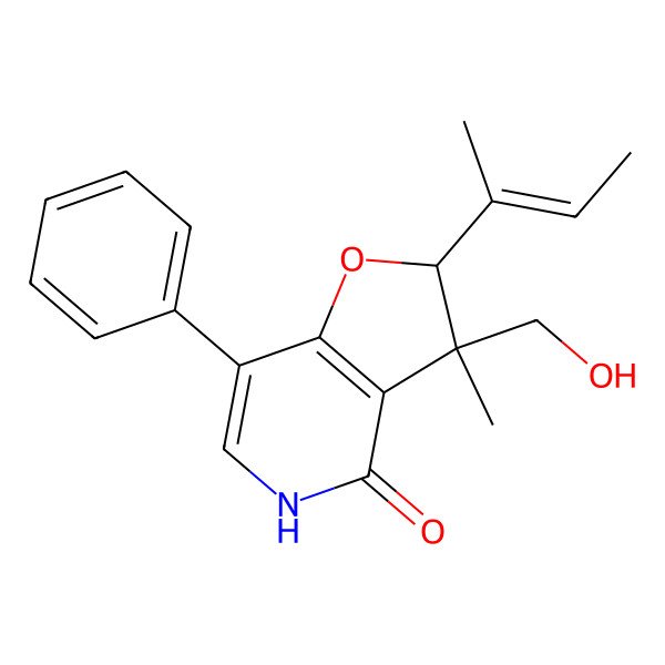 2D Structure of (2R,3R)-2-[(E)-but-2-en-2-yl]-3-(hydroxymethyl)-3-methyl-7-phenyl-2,5-dihydrofuro[3,2-c]pyridin-4-one