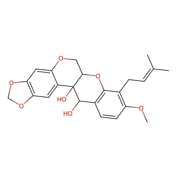 2D Structure of 17-Methoxy-16-(3-methylbut-2-enyl)-5,7,11,14-tetraoxapentacyclo[11.8.0.02,10.04,8.015,20]henicosa-2,4(8),9,15(20),16,18-hexaene-1,21-diol