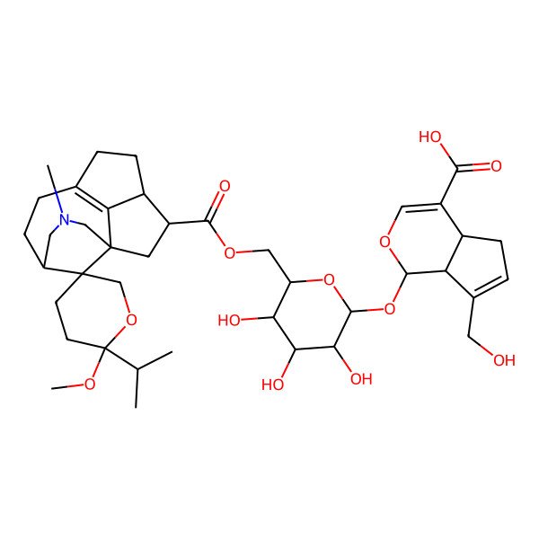 2D Structure of (1R,4aR,7aR)-7-(hydroxymethyl)-1-[(2R,3S,4R,5R,6S)-3,4,5-trihydroxy-6-[[(1S,2'R,5R,11S,12S,15S)-2'-methoxy-3-methyl-2'-propan-2-ylspiro[3-azatetracyclo[6.5.1.11,5.011,14]pentadec-8(14)-ene-15,5'-oxane]-12-carbonyl]oxymethyl]oxan-2-yl]oxy-1,4a,5,7a-tetrahydrocyclopenta[c]pyran-4-carboxylic acid