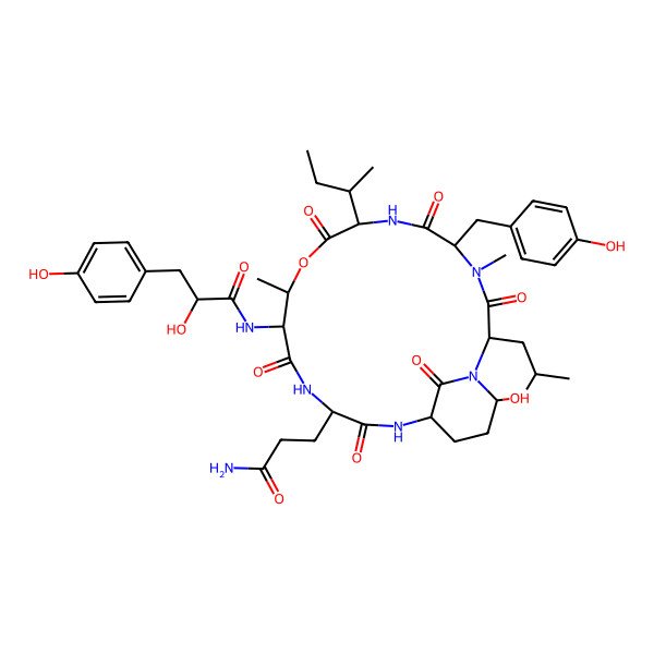 2D Structure of (2S)-N-[(2S,5S,8S,11R,12S,15S,18S,21R)-15-(3-amino-3-oxopropyl)-8-butan-2-yl-21-hydroxy-5-[(4-hydroxyphenyl)methyl]-4,11-dimethyl-2-(2-methylpropyl)-3,6,9,13,16,22-hexaoxo-10-oxa-1,4,7,14,17-pentazabicyclo[16.3.1]docosan-12-yl]-2-hydroxy-3-(4-hydroxyphenyl)propanamide