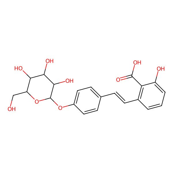 2D Structure of 2-hydroxy-6-[2-[4-[(2S,3R,4S,5S,6R)-3,4,5-trihydroxy-6-(hydroxymethyl)oxan-2-yl]oxyphenyl]ethenyl]benzoic acid