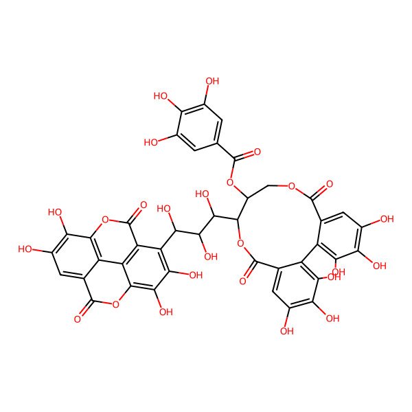 2D Structure of [(10S,11R)-3,4,5,17,18,19-hexahydroxy-8,14-dioxo-10-[(1R,2S,3R)-1,2,3-trihydroxy-3-(6,7,13,14-tetrahydroxy-3,10-dioxo-2,9-dioxatetracyclo[6.6.2.04,16.011,15]hexadeca-1(15),4(16),5,7,11,13-hexaen-5-yl)propyl]-9,13-dioxatricyclo[13.4.0.02,7]nonadeca-1(19),2,4,6,15,17-hexaen-11-yl] 3,4,5-trihydroxybenzoate