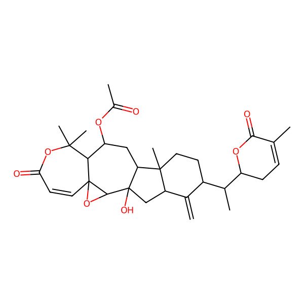 2D Structure of [1-Hydroxy-9,9,14-trimethyl-18-methylidene-17-[1-(5-methyl-6-oxo-2,3-dihydropyran-2-yl)ethyl]-7-oxo-3,8-dioxapentacyclo[11.7.0.02,4.04,10.014,19]icos-5-en-11-yl] acetate