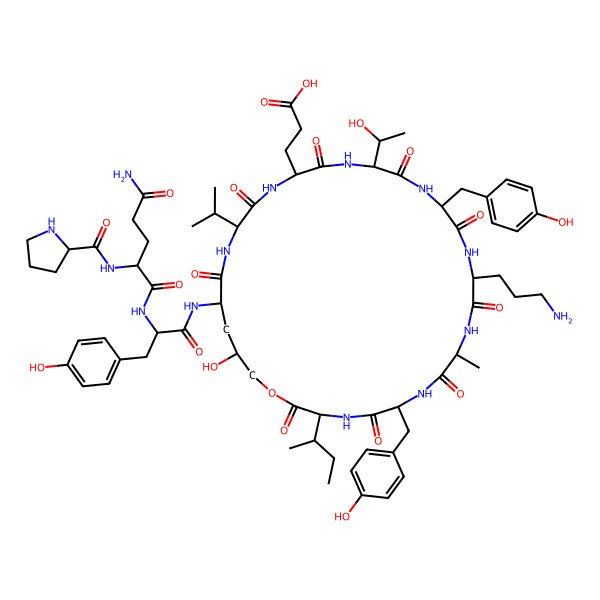 2D Structure of 3-[27-[[2-[[5-Amino-5-oxo-2-(pyrrolidine-2-carbonylamino)pentanoyl]amino]-3-(4-hydroxyphenyl)propanoyl]amino]-12-(3-aminopropyl)-3-butan-2-yl-29-hydroxy-18-(1-hydroxyethyl)-6,15-bis[(4-hydroxyphenyl)methyl]-9-methyl-2,5,8,11,14,17,20,23,26-nonaoxo-24-propan-2-yl-1-oxa-4,7,10,13,16,19,22,25-octazacyclotriacont-21-yl]propanoic acid