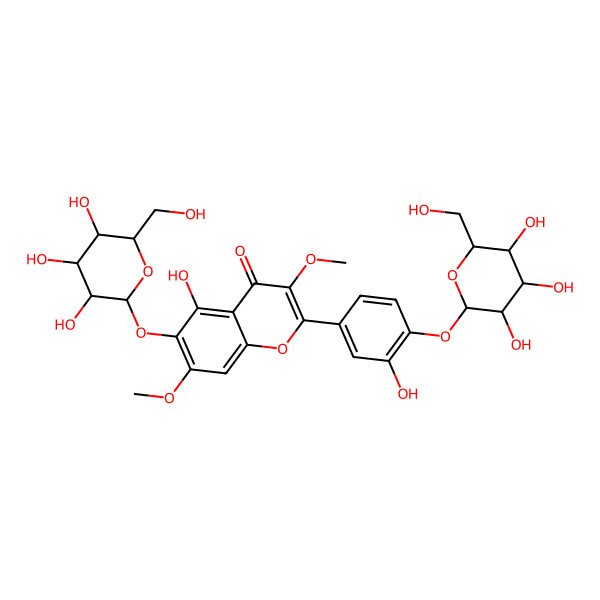 2D Structure of 5-hydroxy-2-[3-hydroxy-4-[(2S,3R,4S,5S,6S)-3,4,5-trihydroxy-6-(hydroxymethyl)oxan-2-yl]oxyphenyl]-3,7-dimethoxy-6-[(2S,3R,4S,5S,6R)-3,4,5-trihydroxy-6-(hydroxymethyl)oxan-2-yl]oxychromen-4-one