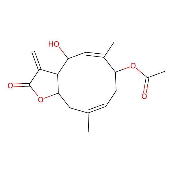2D Structure of [(3aS,4R,5E,7R,9E,11aS)-4-hydroxy-6,10-dimethyl-3-methylidene-2-oxo-3a,4,7,8,11,11a-hexahydrocyclodeca[b]furan-7-yl] acetate