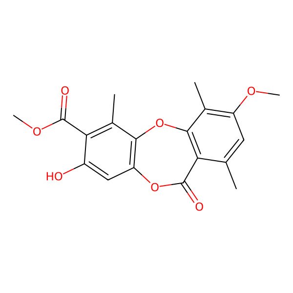 2D Structure of 11H-Dibenzo[b,e][1,4]dioxepin-7-carboxylic acid, 8-hydroxy-3-methoxy-1,4,6-trimethyl-11-oxo-, methyl ester