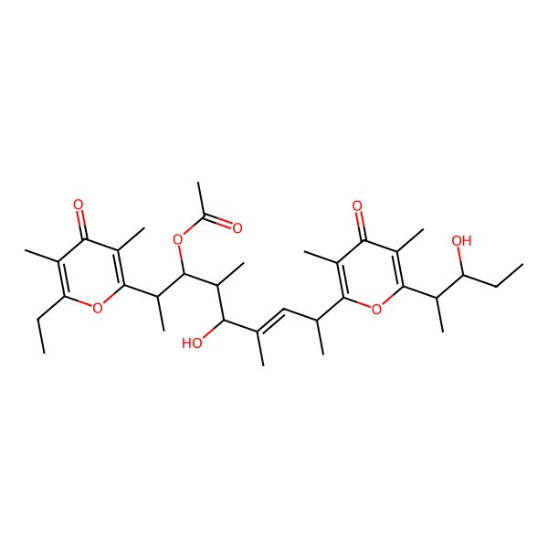 2D Structure of [(E,2R,3R,4S,5S,8R)-2-(6-ethyl-3,5-dimethyl-4-oxopyran-2-yl)-5-hydroxy-8-[6-[(2S,3S)-3-hydroxypentan-2-yl]-3,5-dimethyl-4-oxopyran-2-yl]-4,6-dimethylnon-6-en-3-yl] acetate