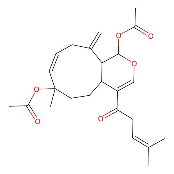 2D Structure of [(1S,4aS,7R,8E,11aR)-7-acetyloxy-7-methyl-11-methylidene-4-(4-methylpent-3-enoyl)-1,4a,5,6,10,11a-hexahydrocyclonona[c]pyran-1-yl] acetate