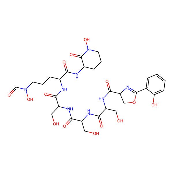 2D Structure of N-[1-[[1-[[1-[[5-[formyl(hydroxy)amino]-1-[(1-hydroxy-2-oxopiperidin-3-yl)amino]-1-oxopentan-2-yl]amino]-3-hydroxy-1-oxopropan-2-yl]amino]-3-hydroxy-1-oxopropan-2-yl]amino]-3-hydroxy-1-oxopropan-2-yl]-2-(2-hydroxyphenyl)-4,5-dihydro-1,3-oxazole-4-carboxamide
