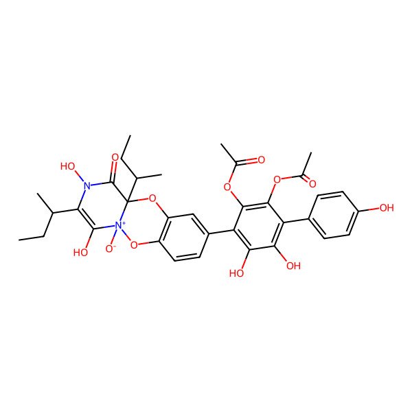2D Structure of [3-[(5S,11aR)-3-[(2S)-butan-2-yl]-11a-[(2R)-butan-2-yl]-2,4-dihydroxy-5-oxido-1-oxopyrazino[1,2-b][1,4,2]benzodioxazin-5-ium-9-yl]-2-acetyloxy-4,5-dihydroxy-6-(4-hydroxyphenyl)phenyl] acetate