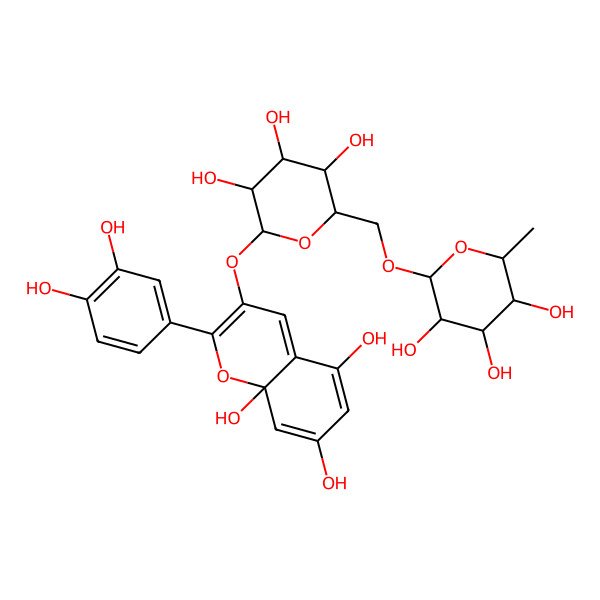 2D Structure of 2-(3,4-Dihydroxyphenyl)-3-[3,4,5-trihydroxy-6-[(3,4,5-trihydroxy-6-methyloxan-2-yl)oxymethyl]oxan-2-yl]oxychromene-5,7,8a-triol