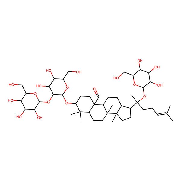2D Structure of (3S,5S,8R,9R,10S,13S,14R,17R)-3-[(2R,3R,4S,5S,6R)-4,5-dihydroxy-6-(hydroxymethyl)-3-[(2S,3R,4S,5S,6R)-3,4,5-trihydroxy-6-(hydroxymethyl)oxan-2-yl]oxyoxan-2-yl]oxy-4,4,8,14-tetramethyl-17-[(2S)-6-methyl-2-[(2S,3R,4S,5S,6R)-3,4,5-trihydroxy-6-(hydroxymethyl)oxan-2-yl]oxyhept-5-en-2-yl]-2,3,5,6,7,9,11,12,13,15,16,17-dodecahydro-1H-cyclopenta[a]phenanthrene-10-carbaldehyde